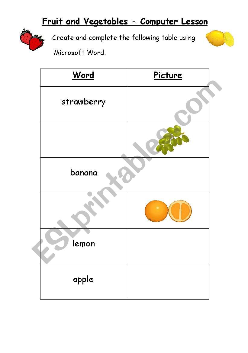 Food - Complete the Table - Computer Activity