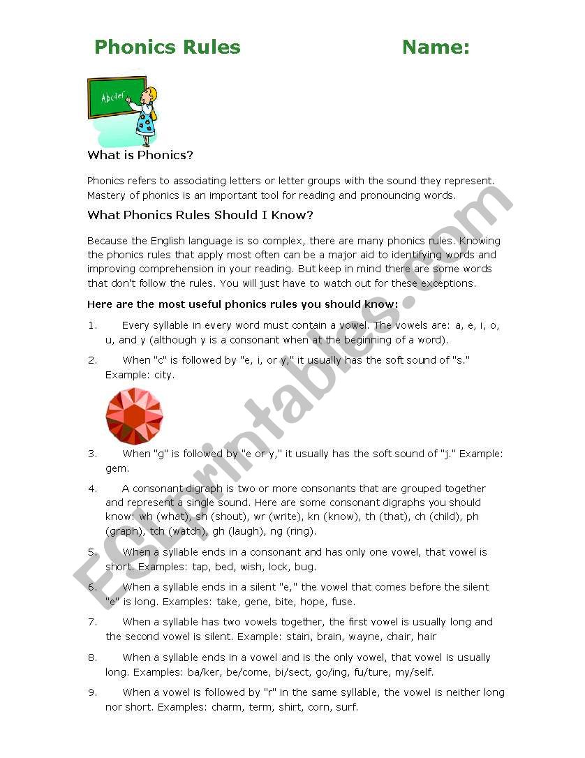 Phonic Rules HANDOUT worksheet