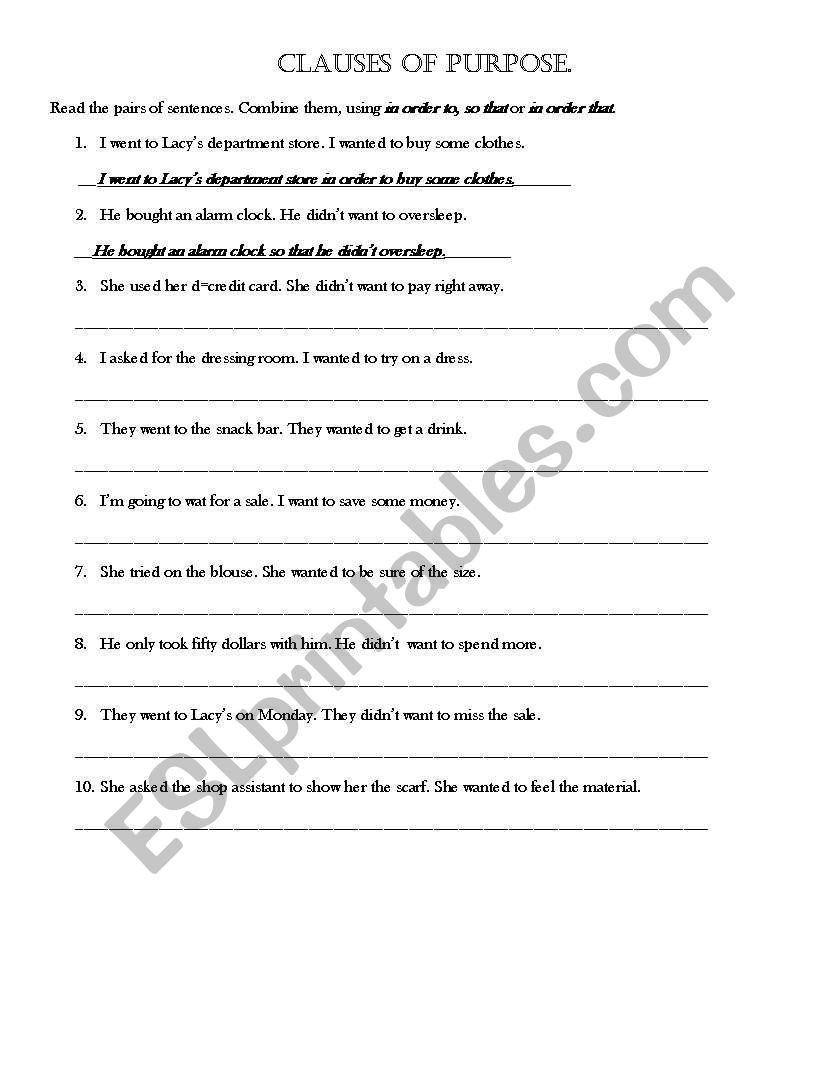 Describing purpose worksheet