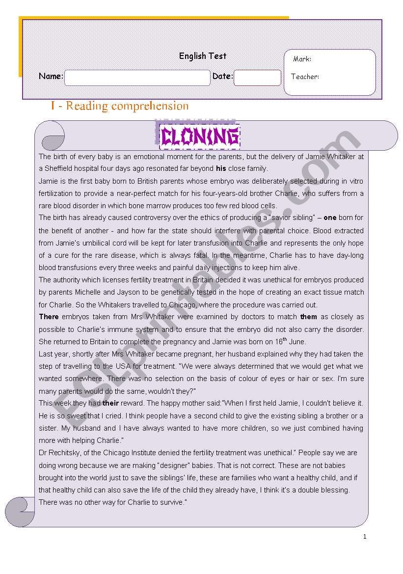 Test about cloning  worksheet