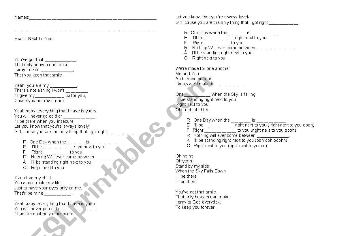 Music Nex to you worksheet