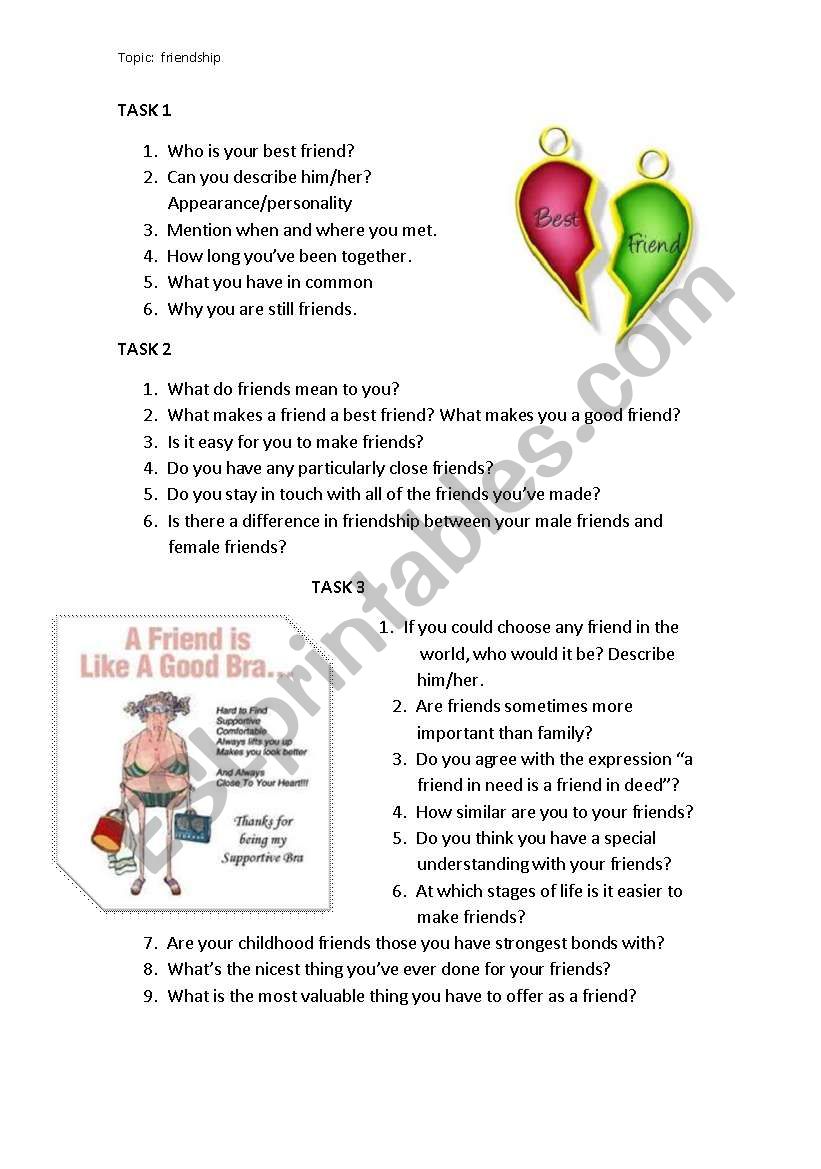 FRIENDSHIP SPEAKING PROMPTS worksheet