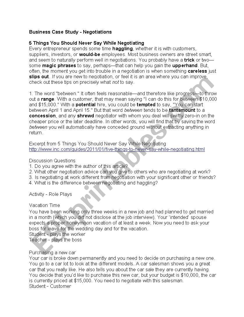 Business Negotiations worksheet