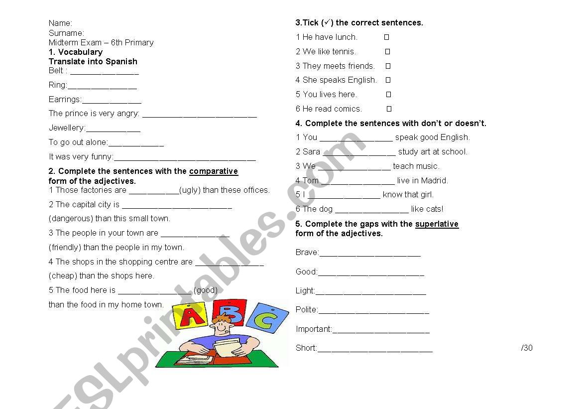 Test for primary school worksheet