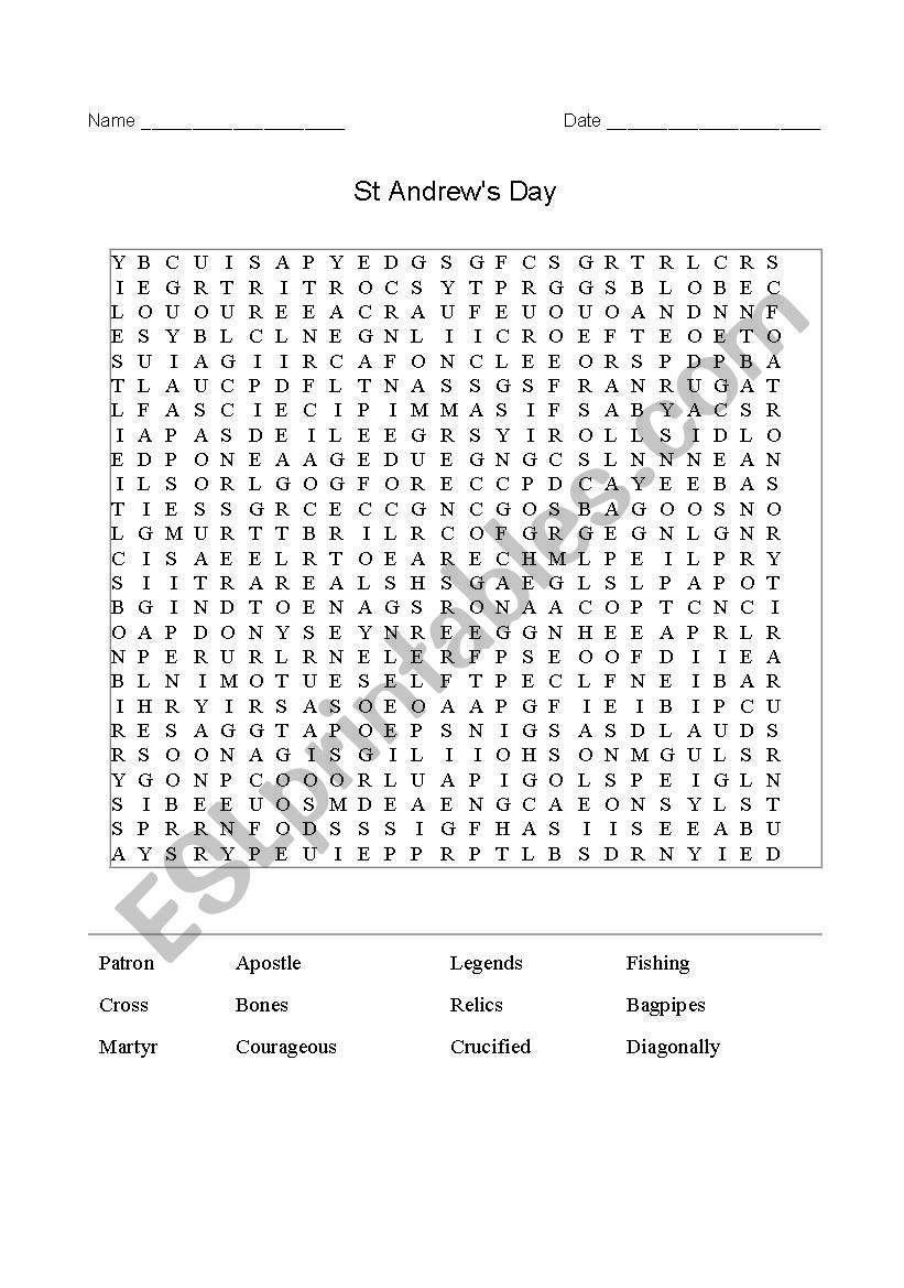 St Andrews Day Wordsearch worksheet