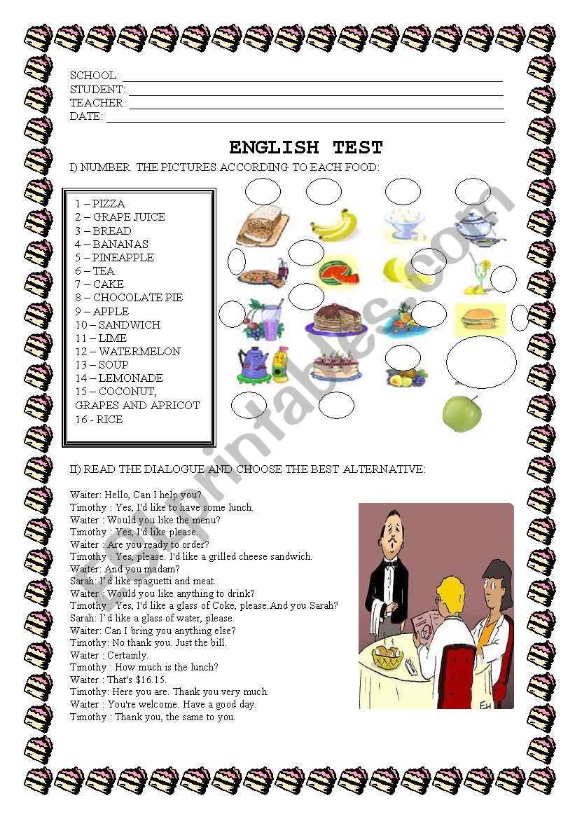 TEST ABOUT FOOD worksheet