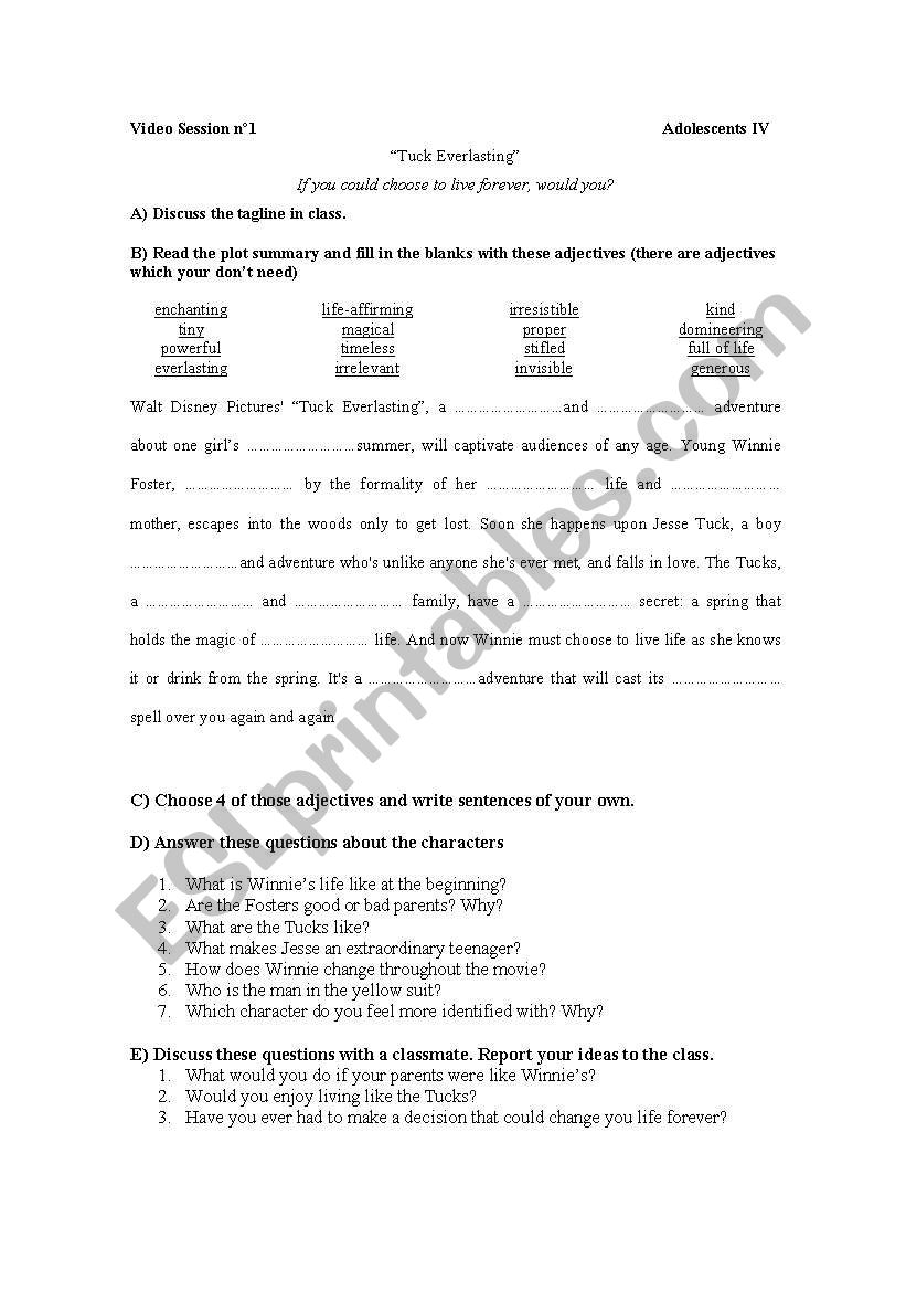 TUCK EVERLASTING worksheet