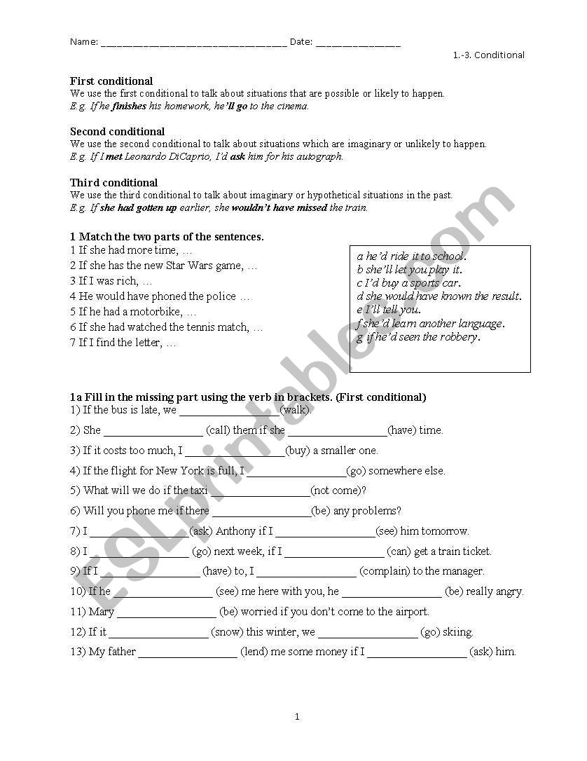 Practice 1. - 3. Conditionals worksheet