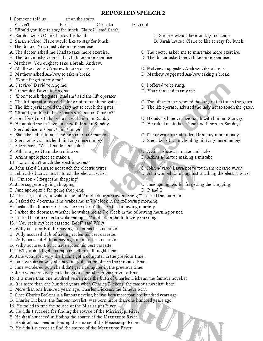 Reported Speech worksheet