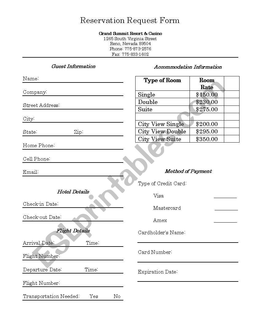 Hotel Reservation Request Form