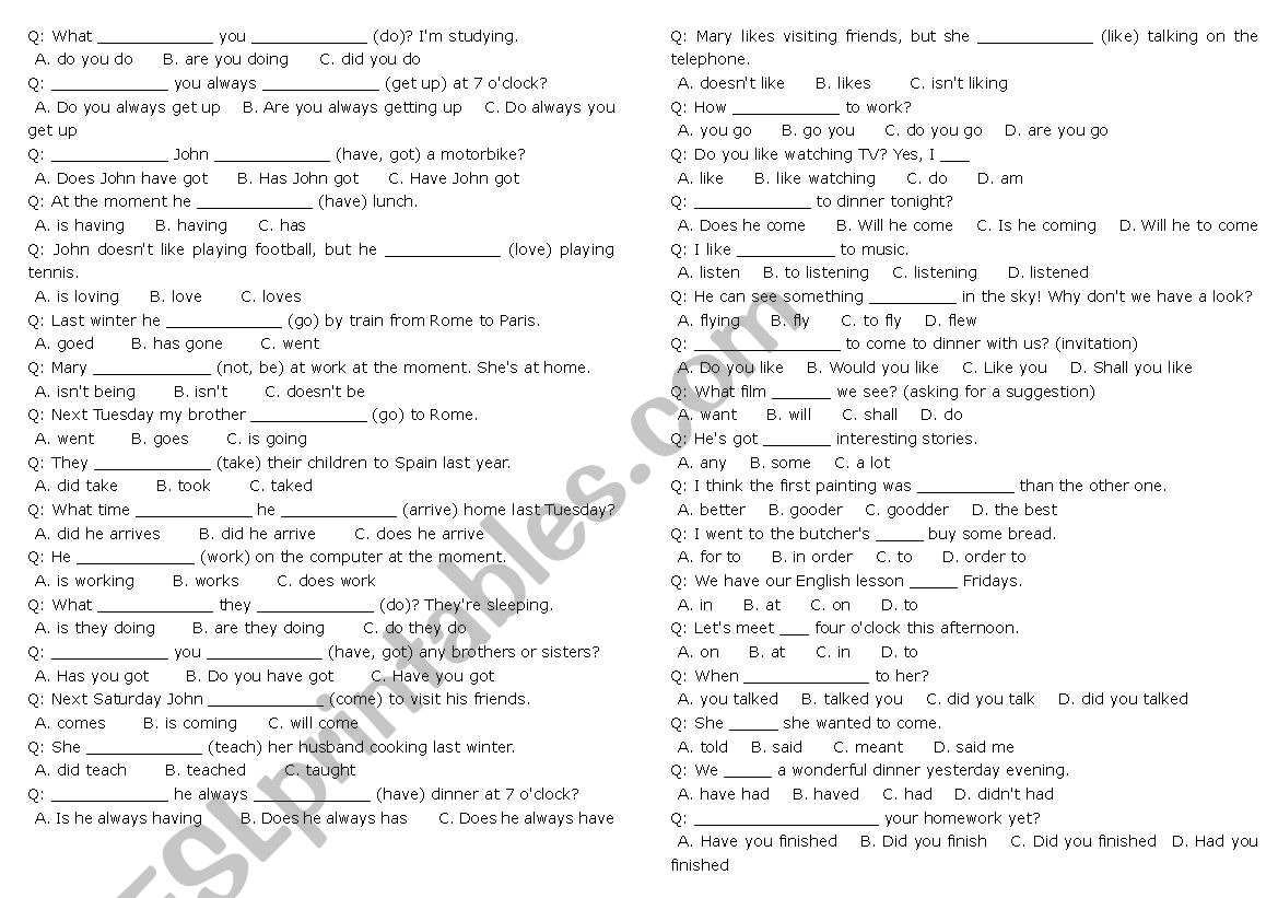 Verb tenses quiz for intermediate