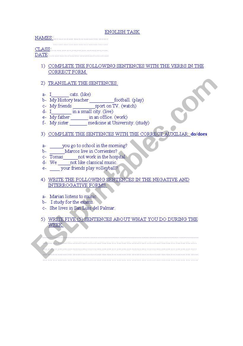 ENGLISH TASK FOR BEGINNERS worksheet