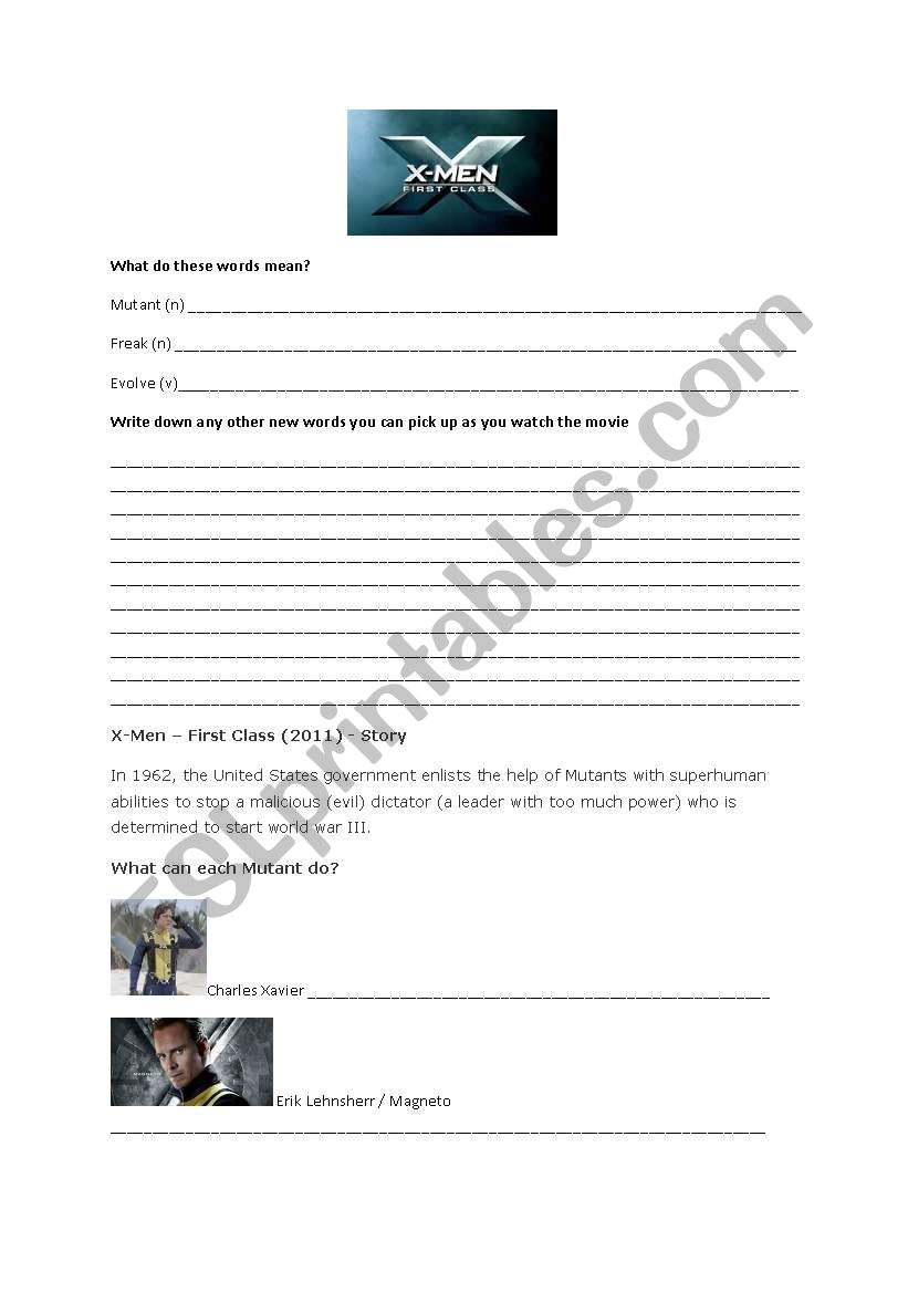 X-Men First Class worksheet