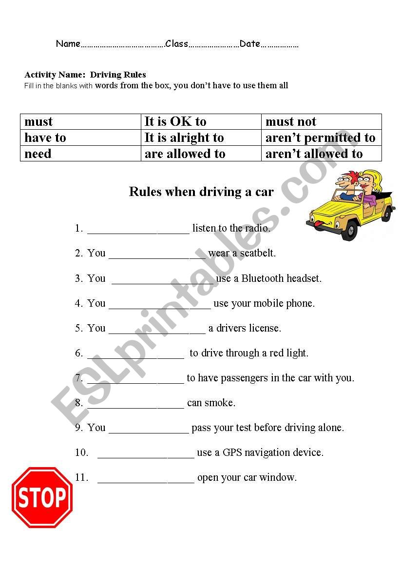 english worksheets driving rules