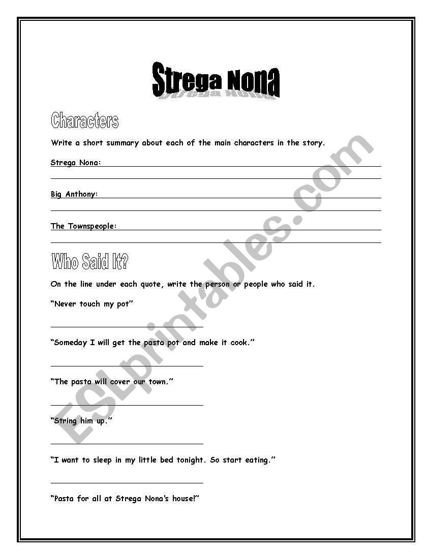 Strega Nona worksheets worksheet
