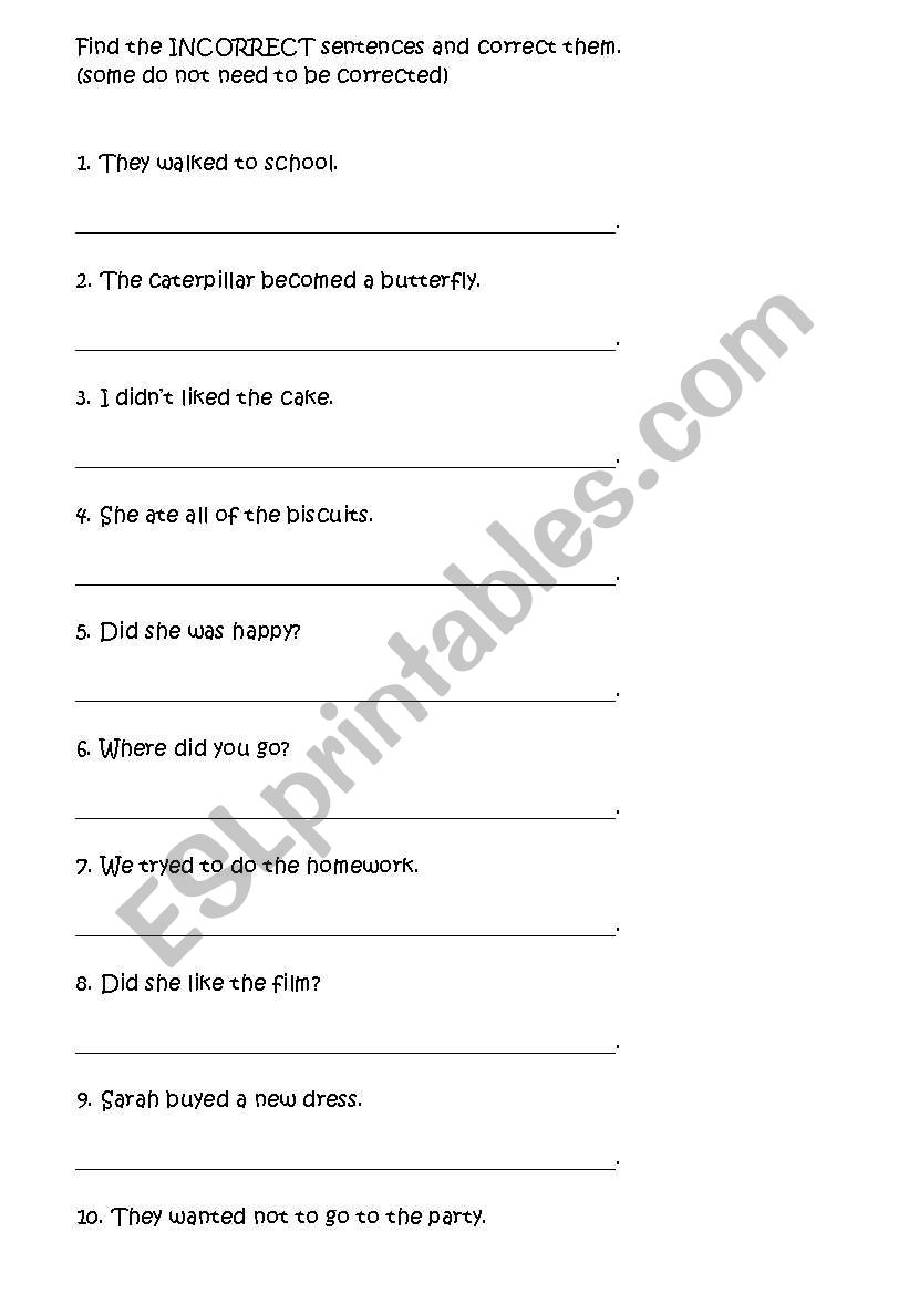 Past Simple Find the Mistakes worksheet