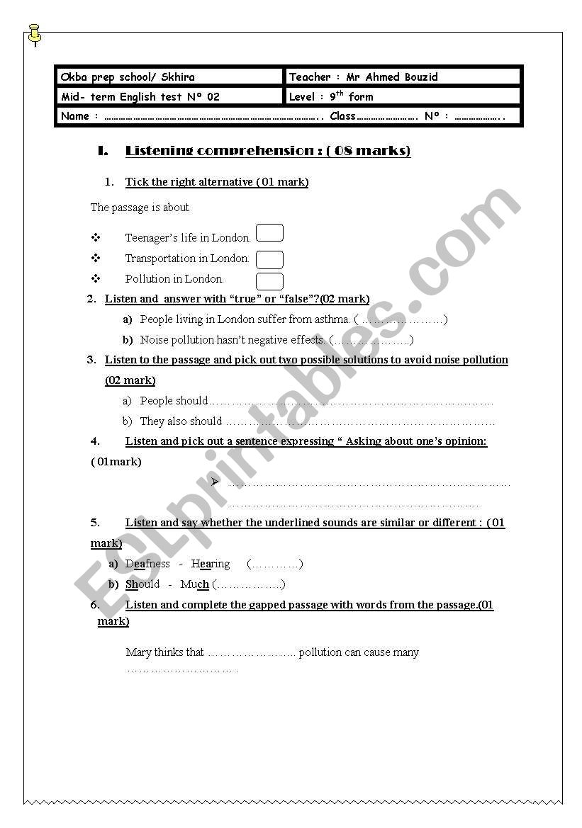 MID-TERM TEST 2  worksheet