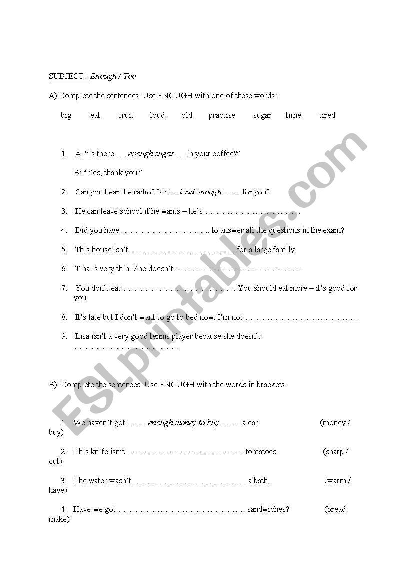 enough & too  worksheet