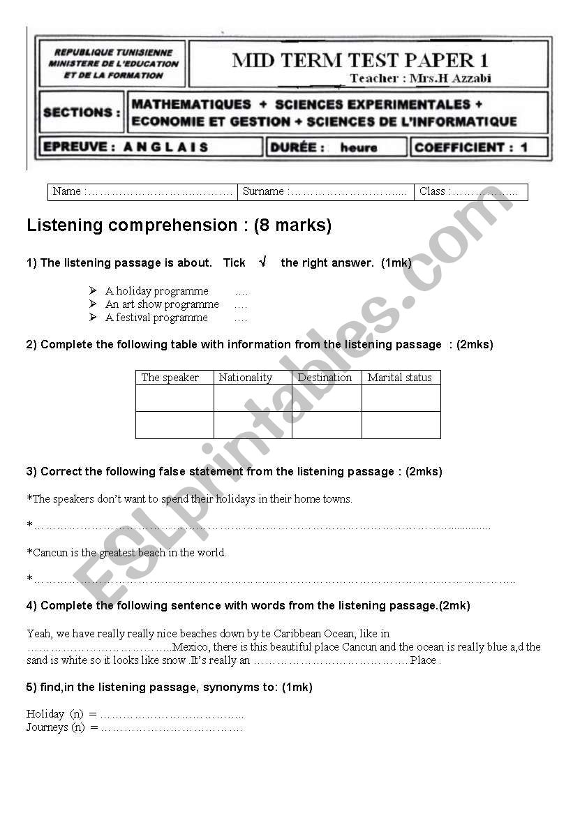 mid term test n1 bac (info)  worksheet