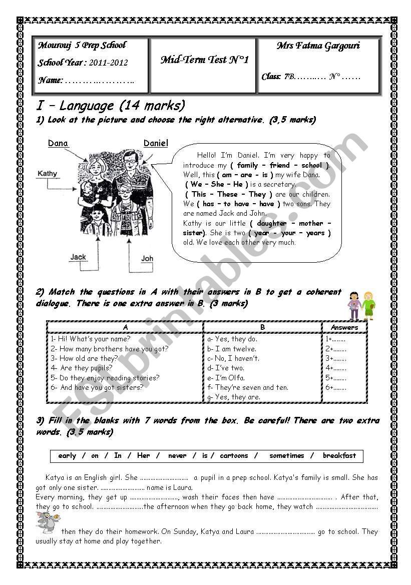 7th form Test worksheet