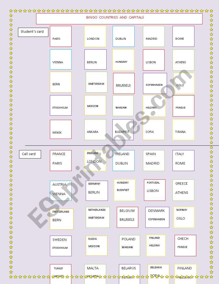 Bingo Countries and Capitals worksheet