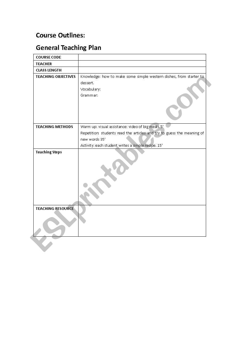 recipe worksheet