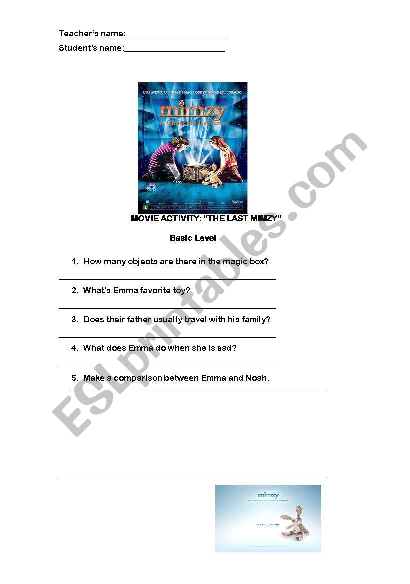 Movie The Last Mimzy worksheet