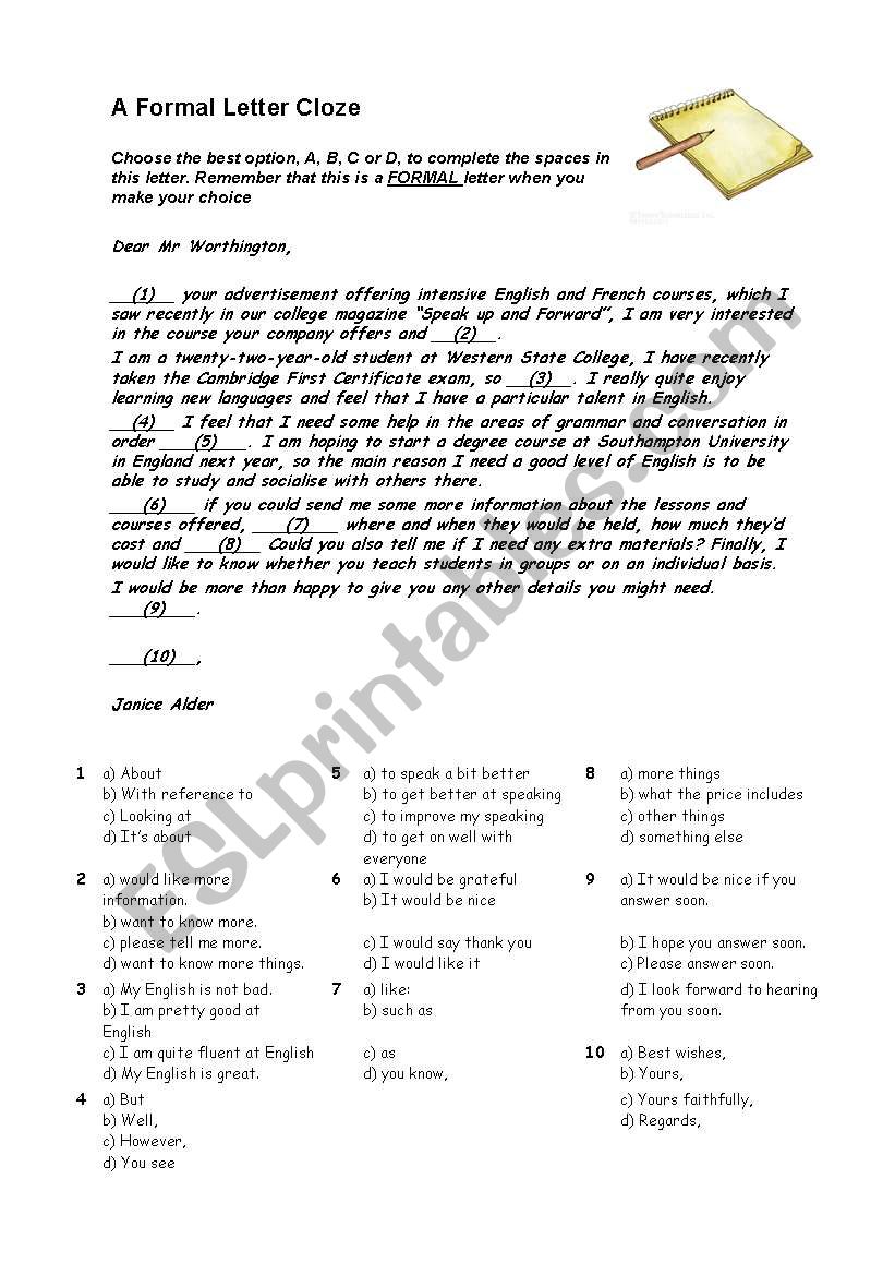 Formal Letter Cloze worksheet