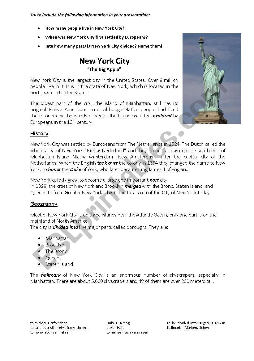 Big Cities of America Reading worksheet