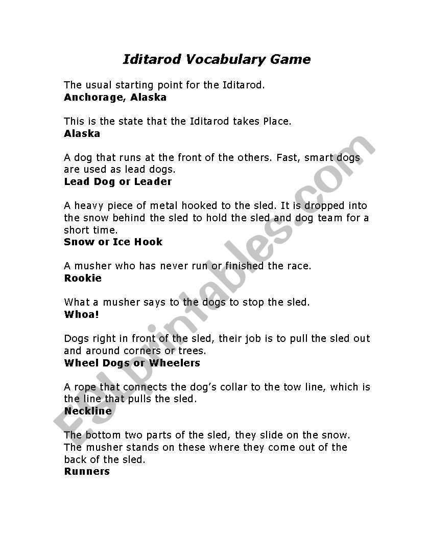 Iditarod Vocab worksheet