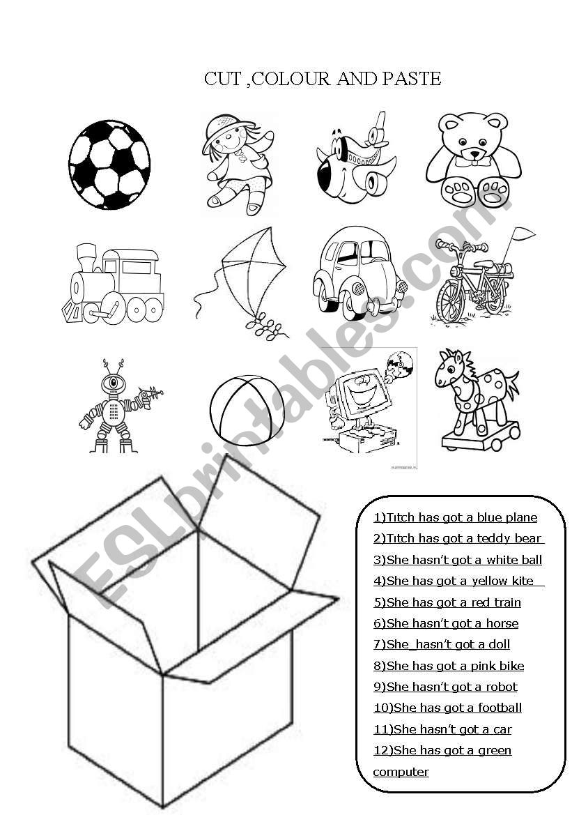 CUT,COLOUR AND PASTE THE TOYS worksheet