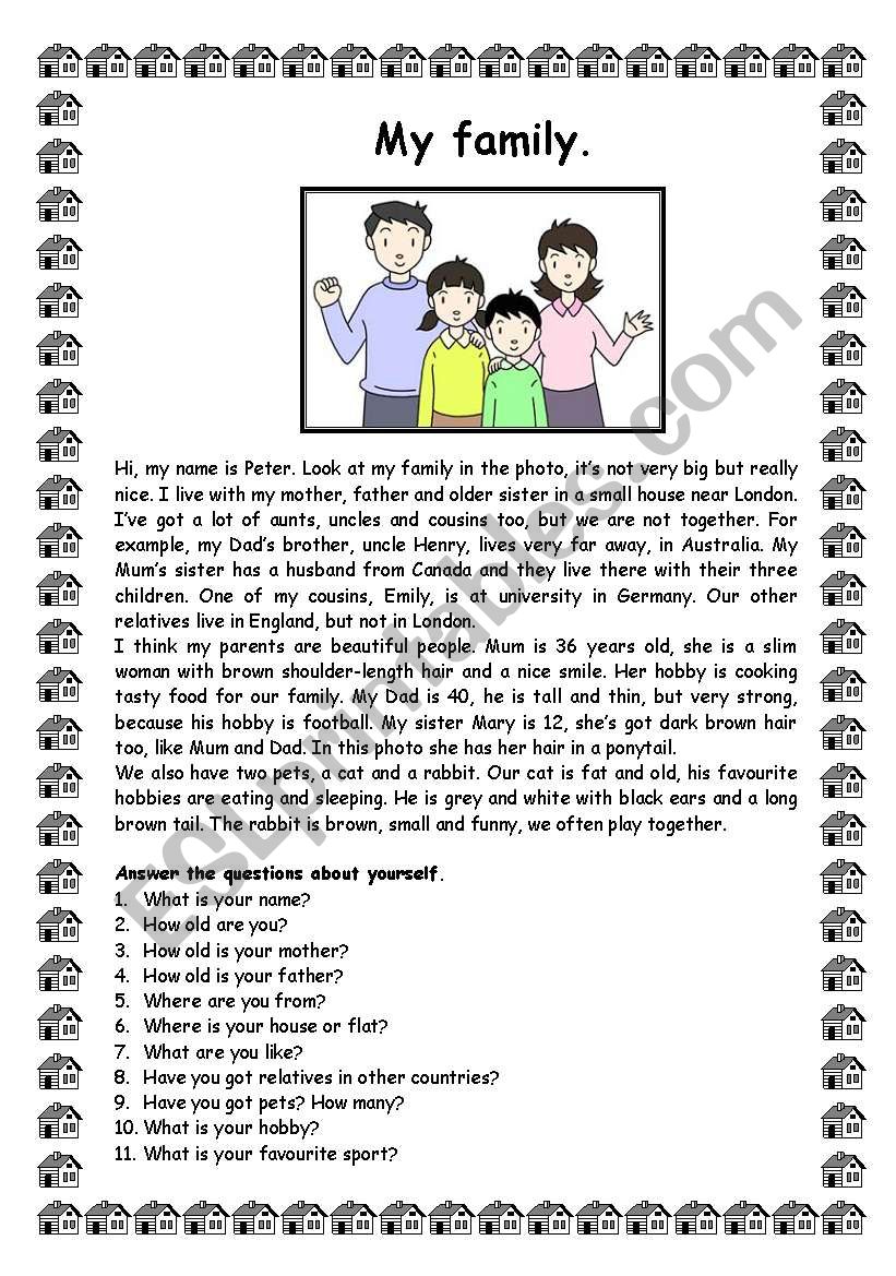 Моя семья текст на английском. My Family текст на английском. Английский my Family\ Worksheet. Английскую тему my my Family. Моя семья английский язык 2 класс.