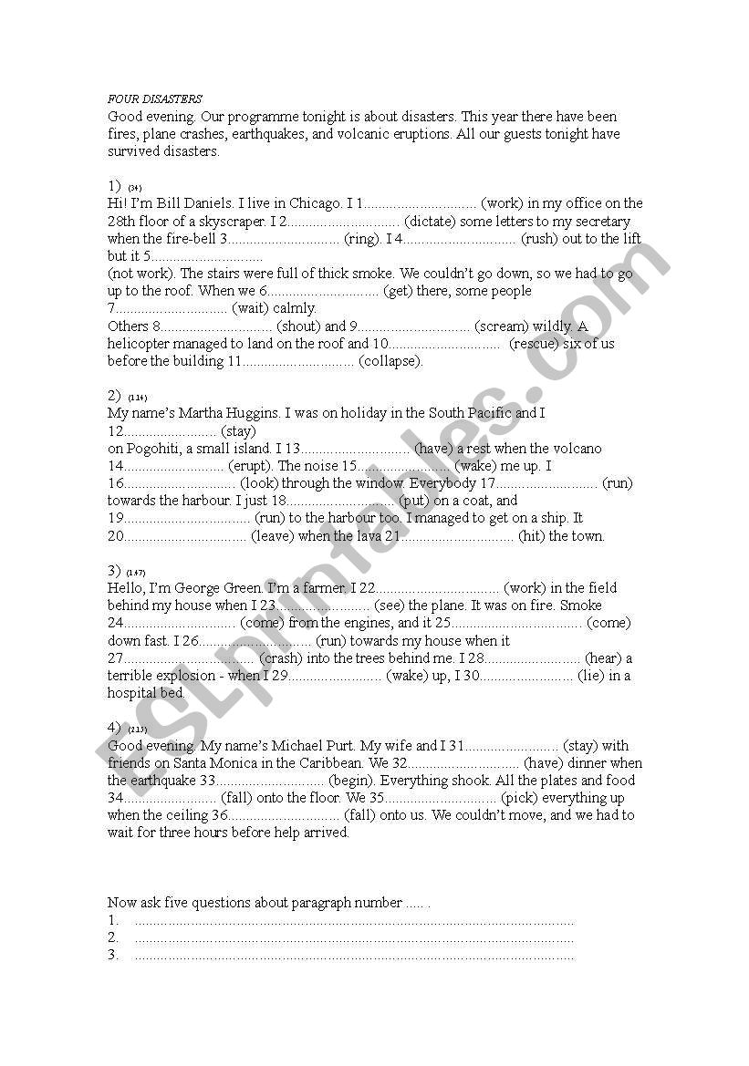 Four disasterds worksheet