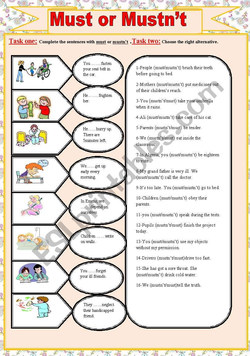 must or mustnÂ´t worksheet
