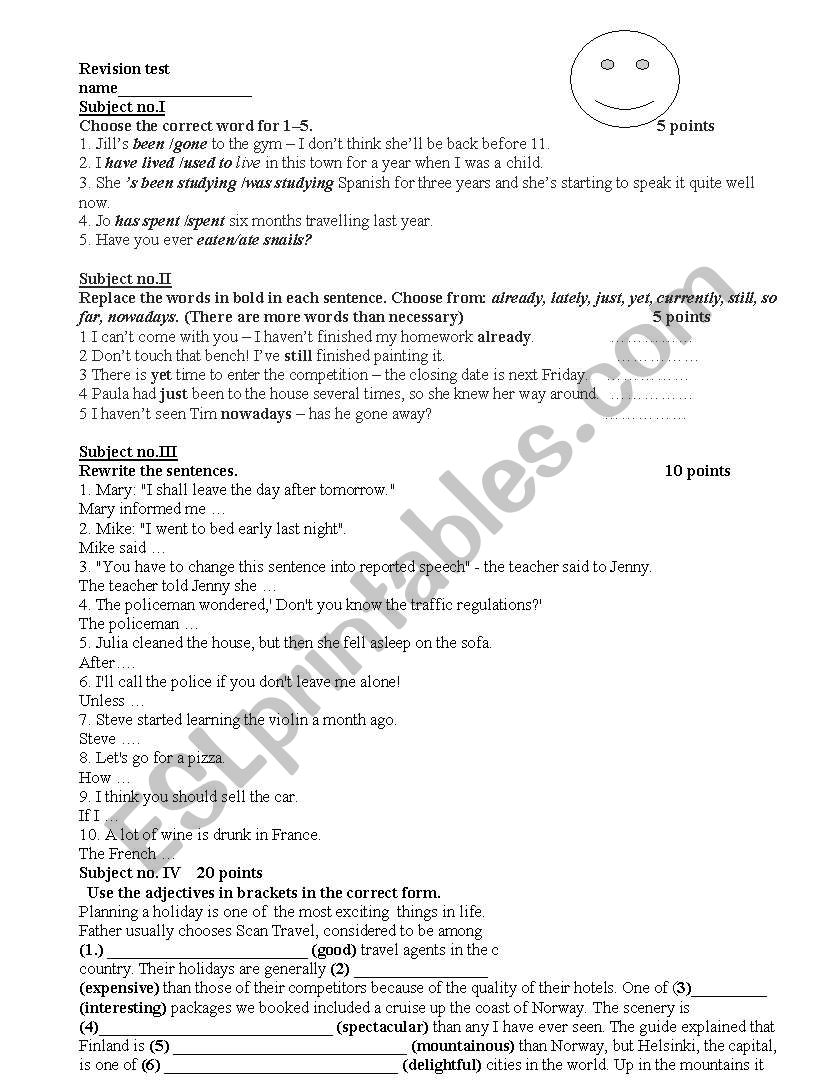 Revision Test/Worksheet worksheet