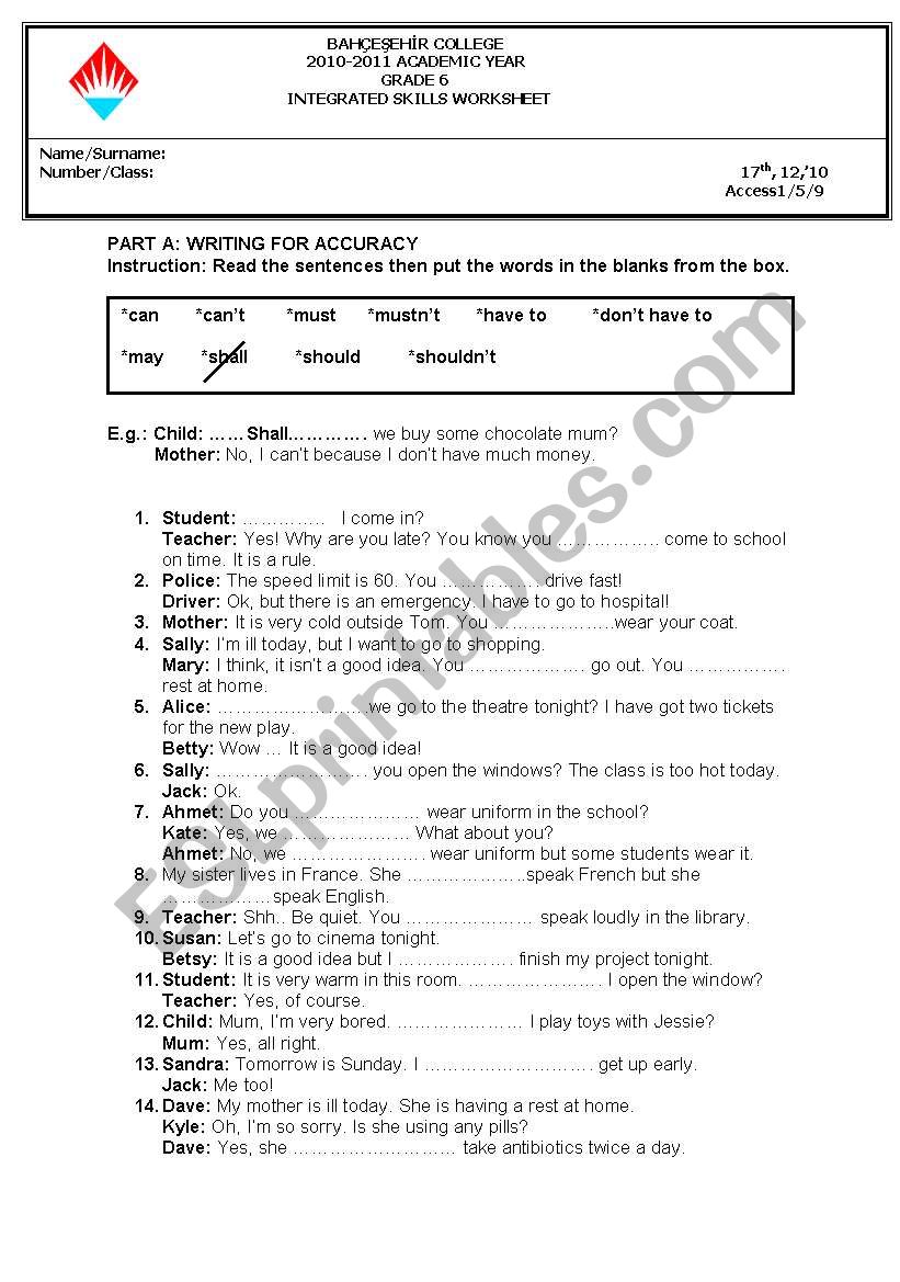 modals worksheet