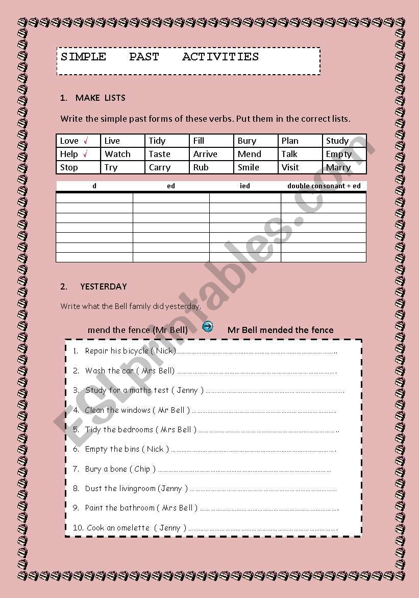 SIMPLE PAST ACTIVITIES worksheet