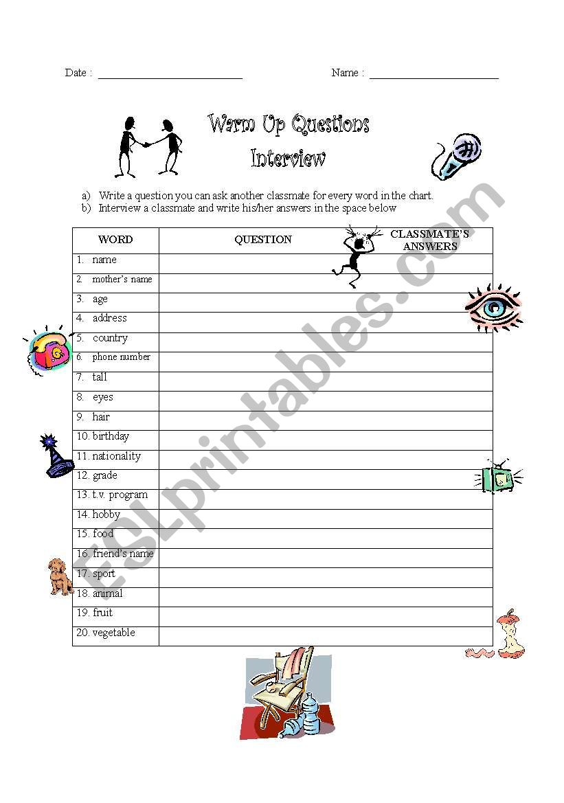 interview a classmate worksheet