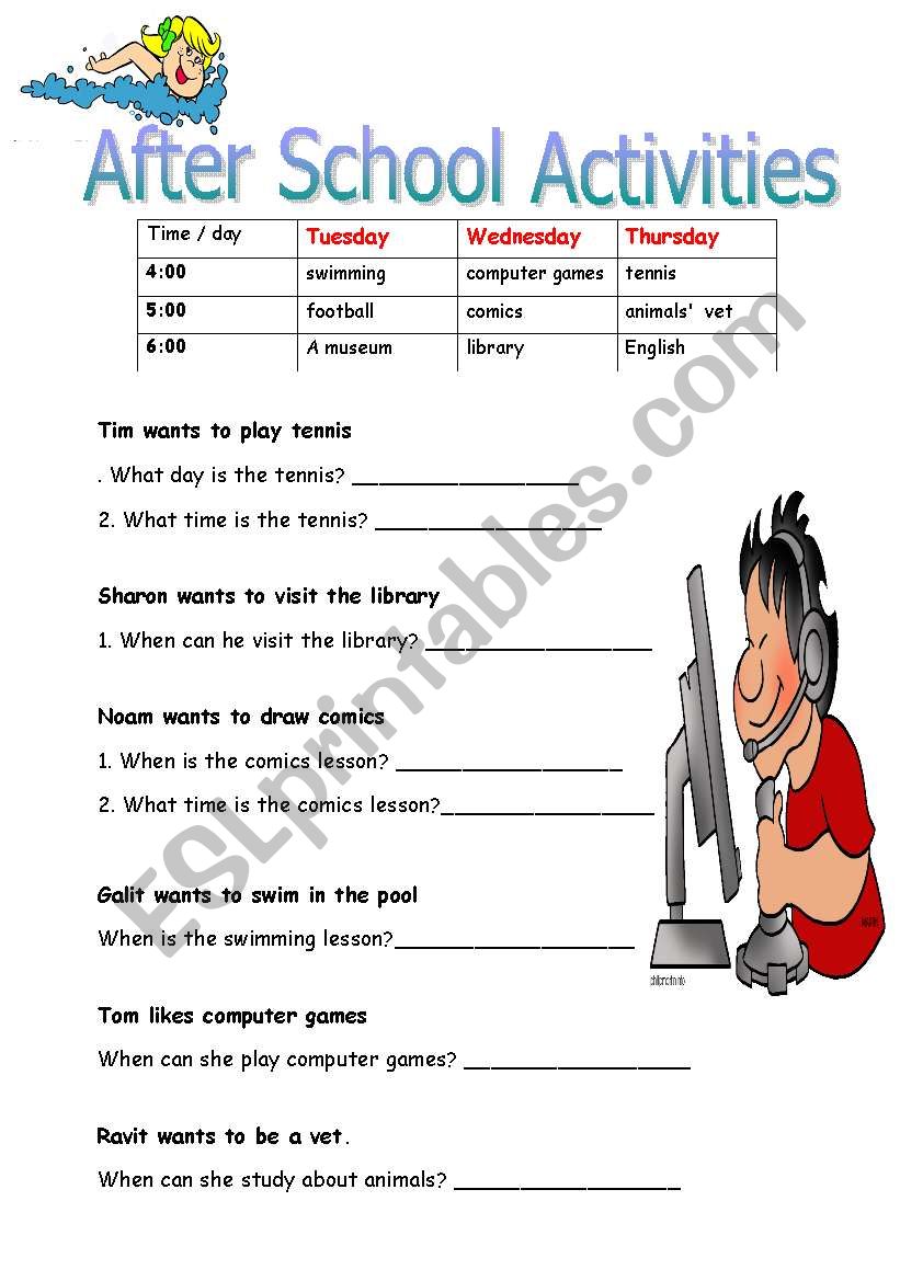 after school activities worksheet