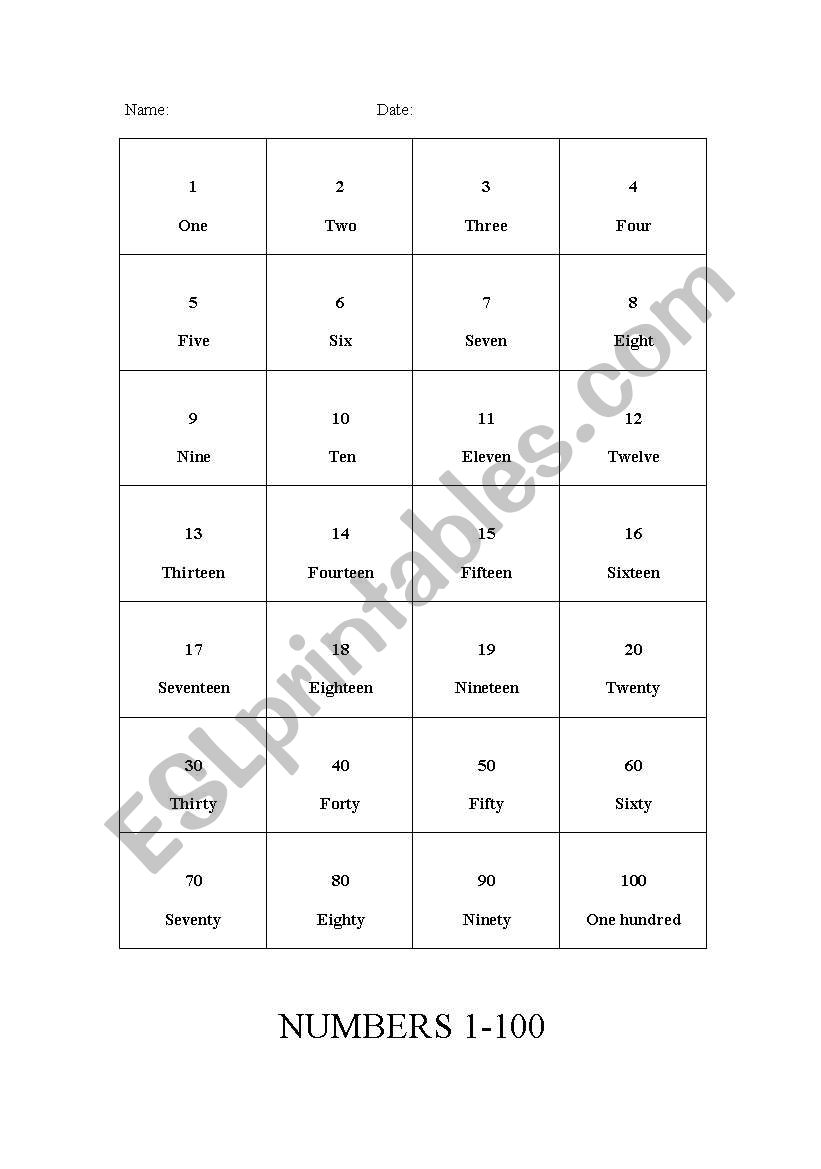 numbers 1-100 worksheet