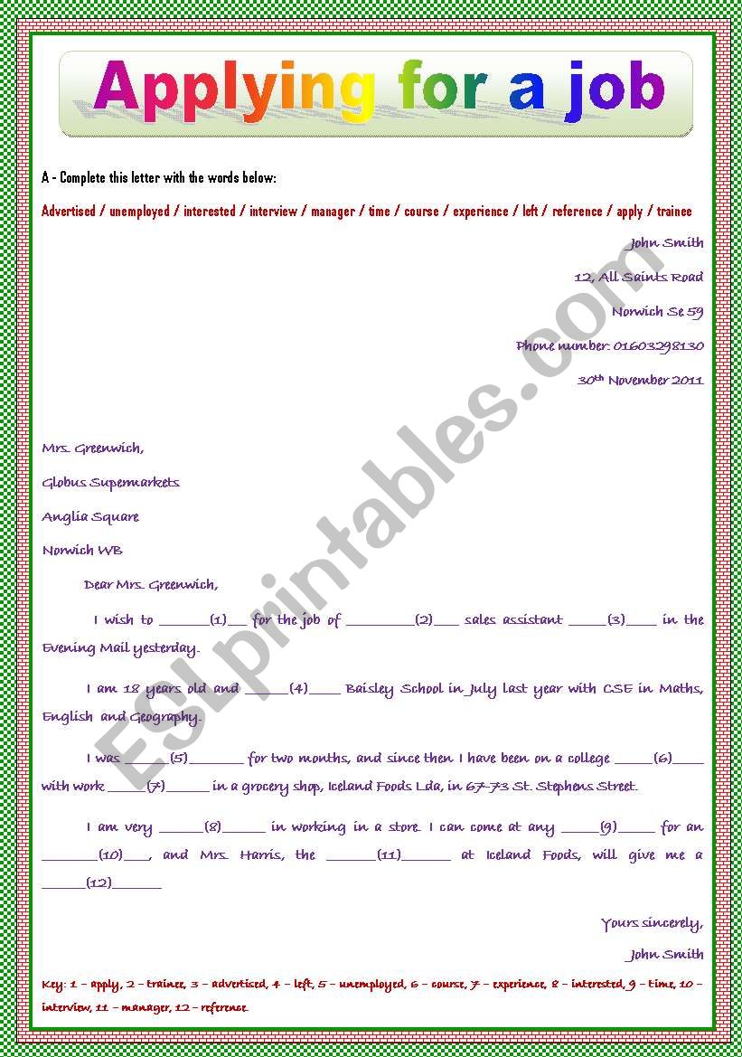 APPLYING FOR A JOB worksheet