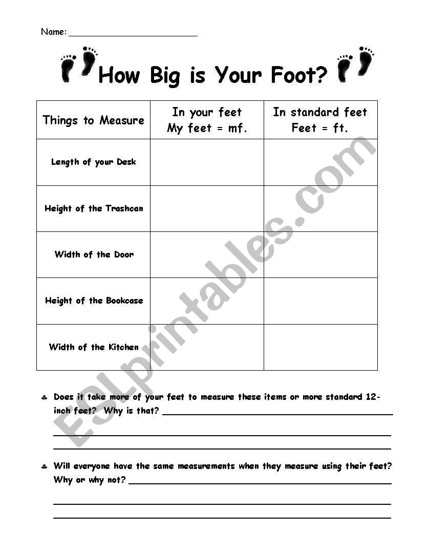 English Worksheets How Big Is Your Foot