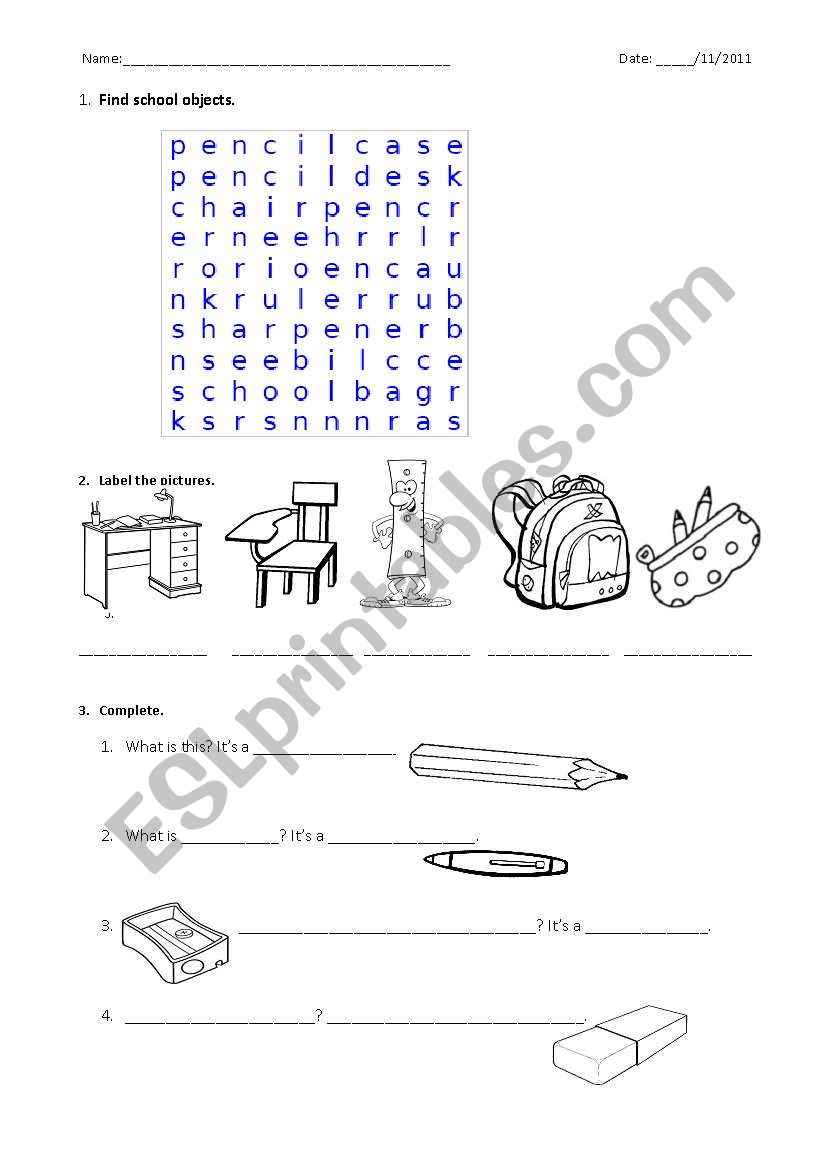 School objects worksheet