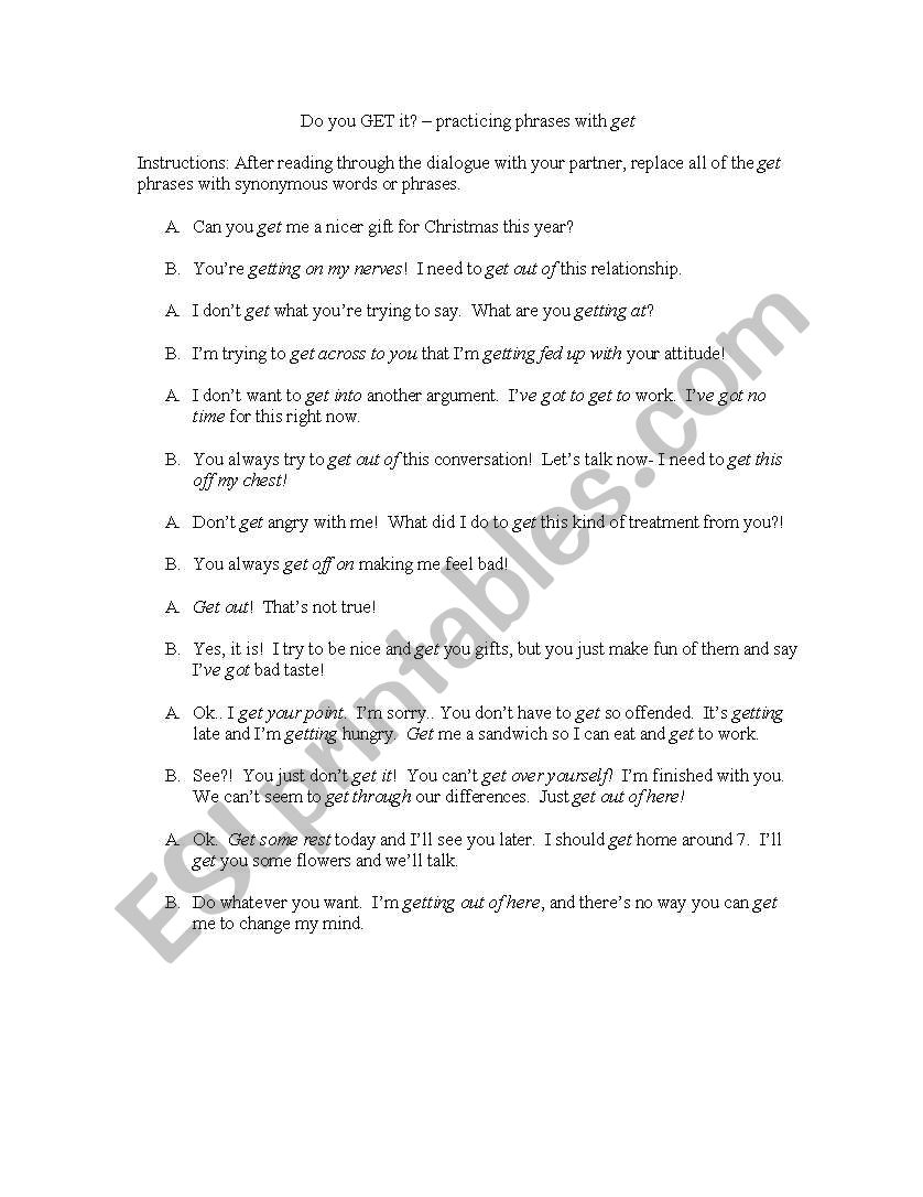 A dialogue with get phrases worksheet