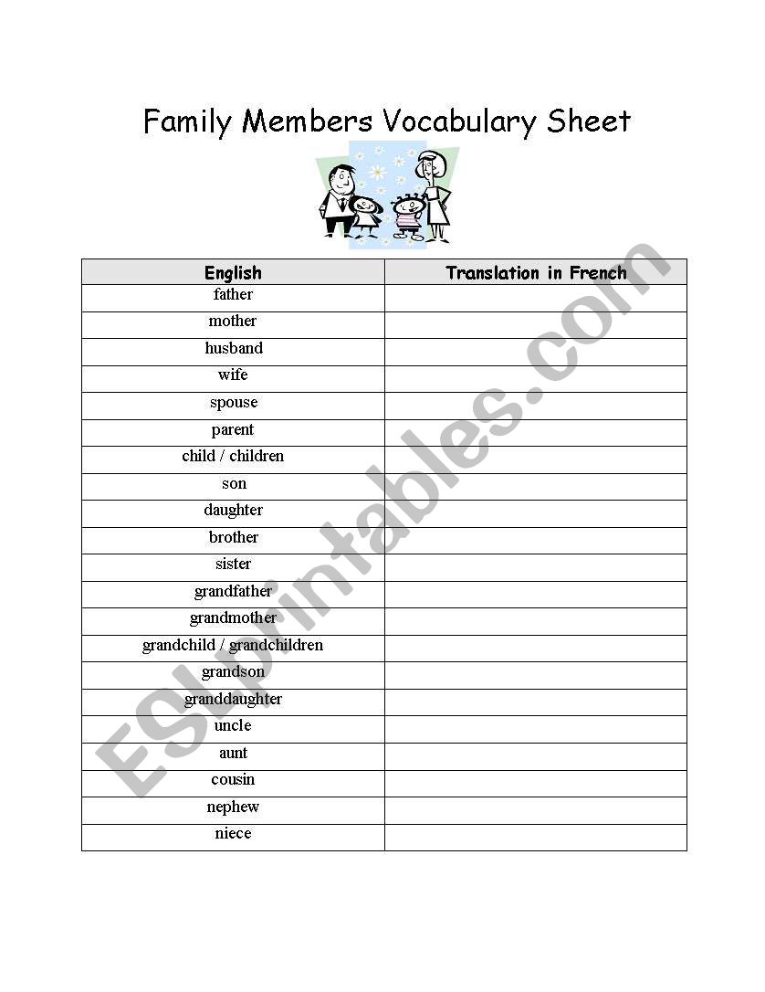 Family Members Vocabulary Sheet