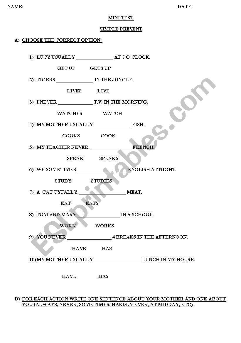 mini test worksheet