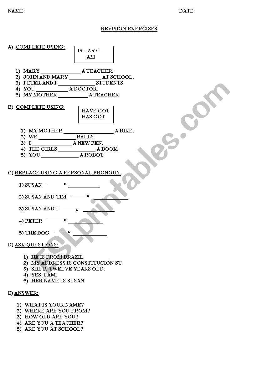 revision excersice worksheet