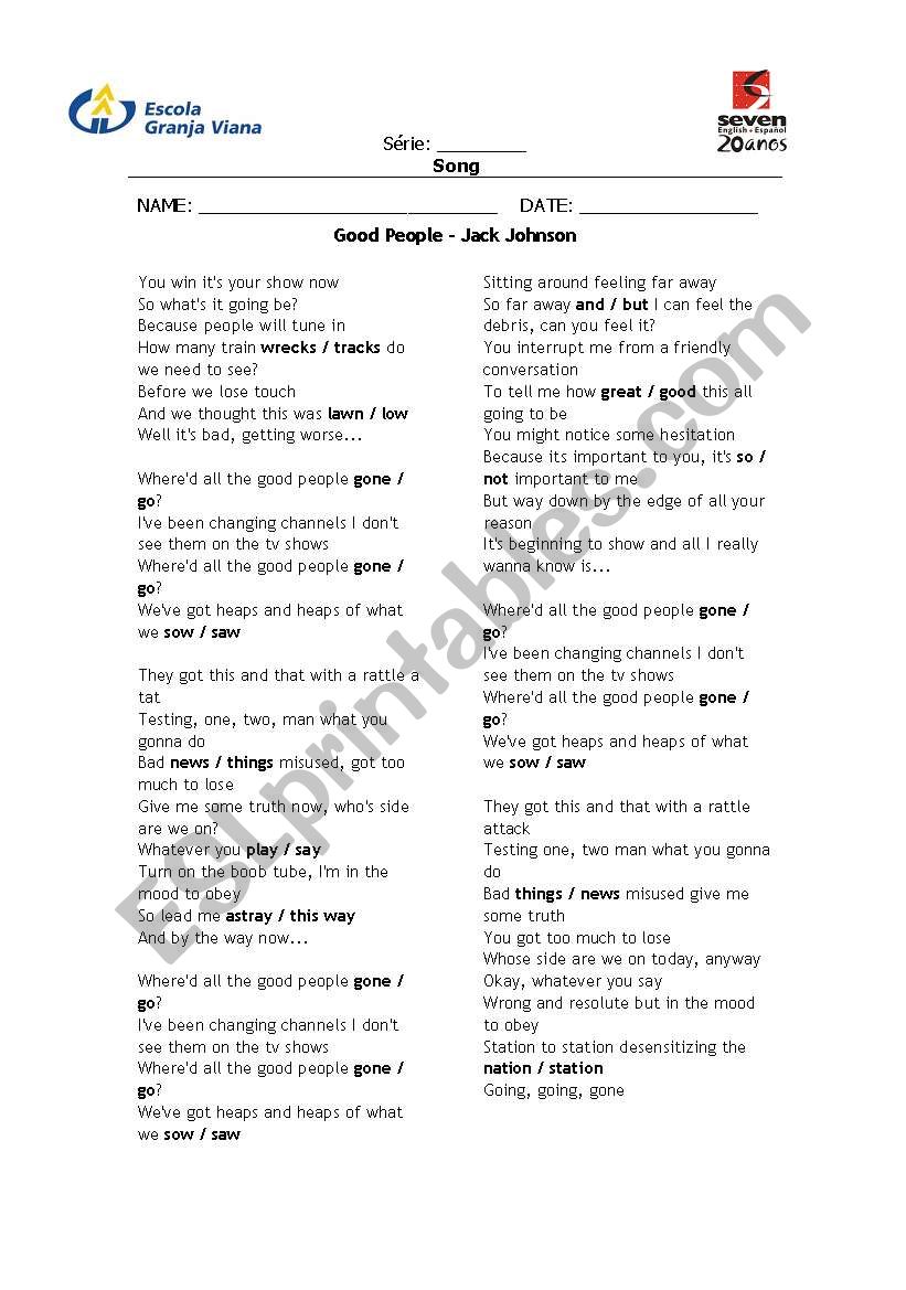 Jack Johnson - Good People worksheet