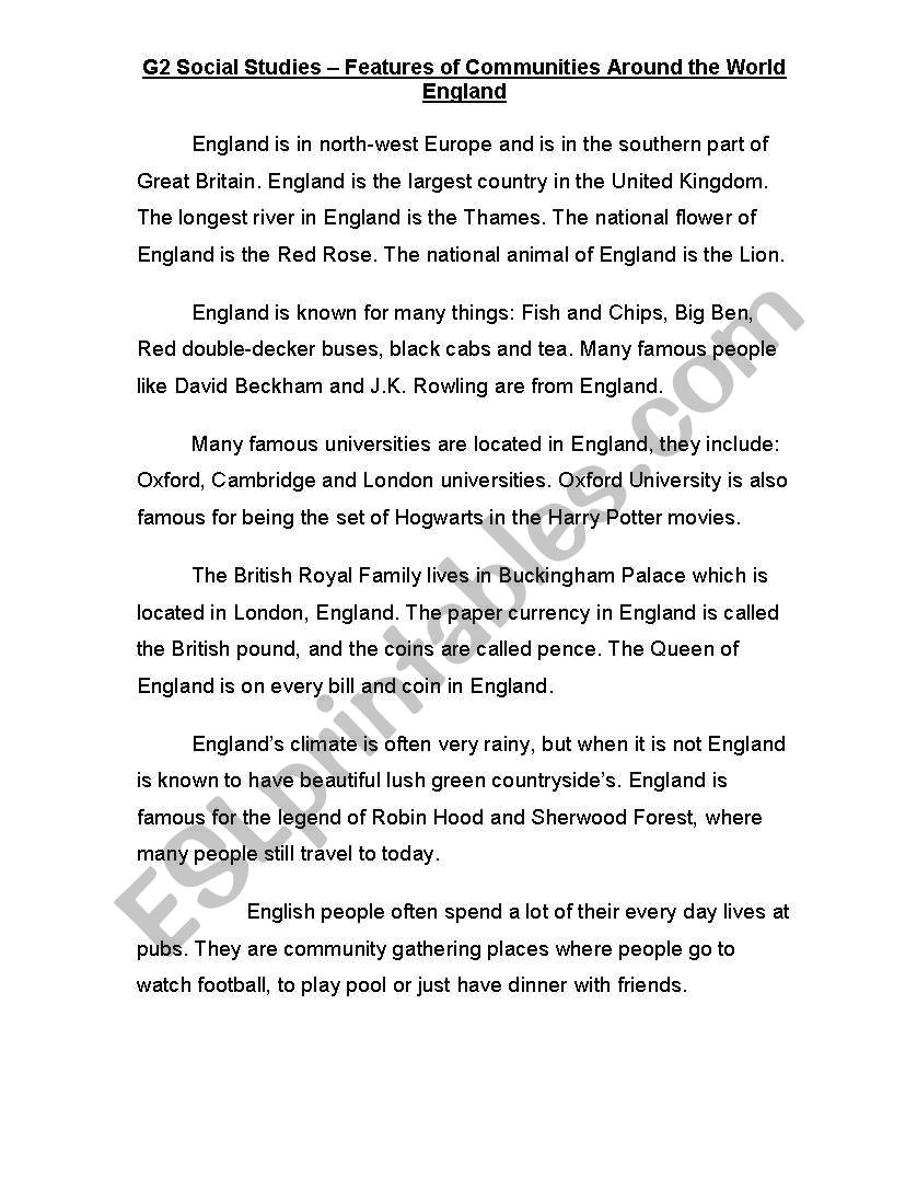 England Cloze word activity for Kids