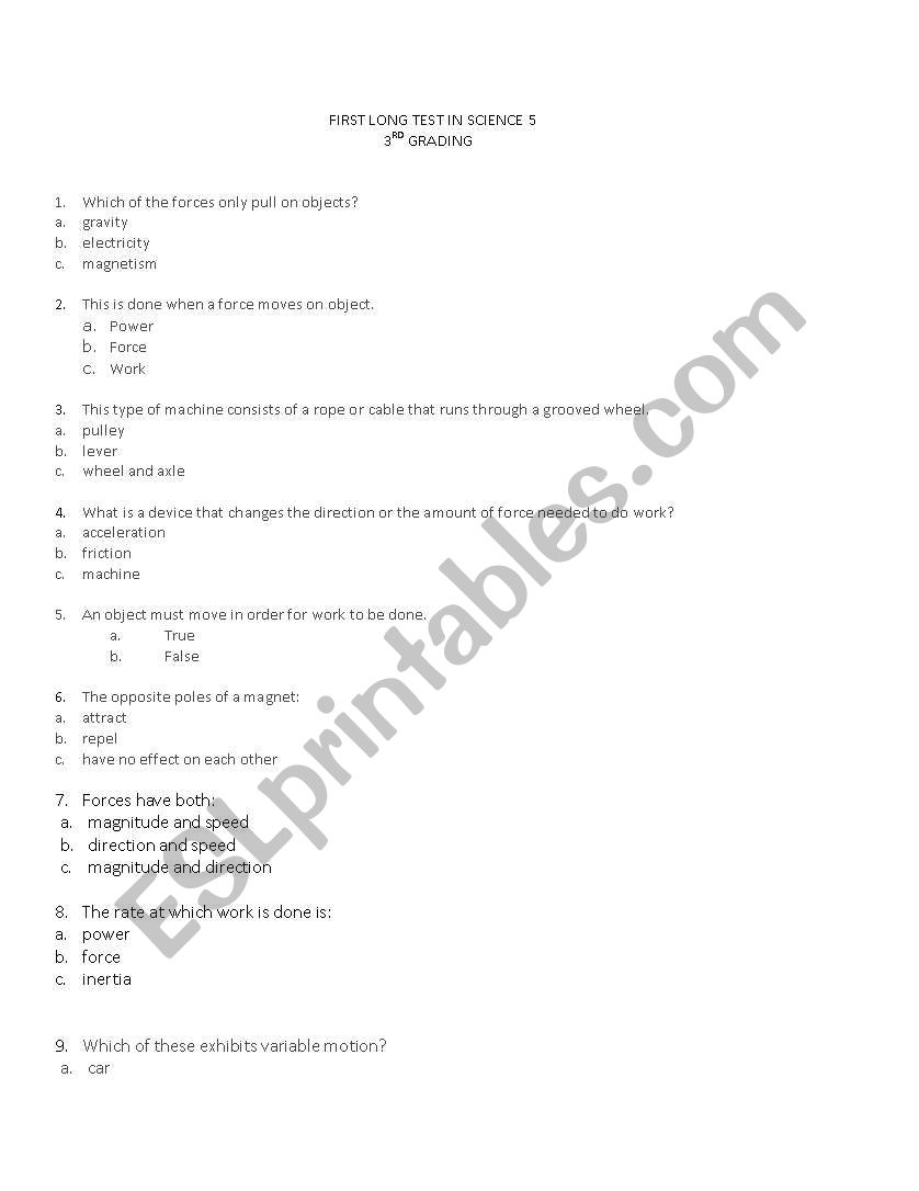 Science for grade five worksheet